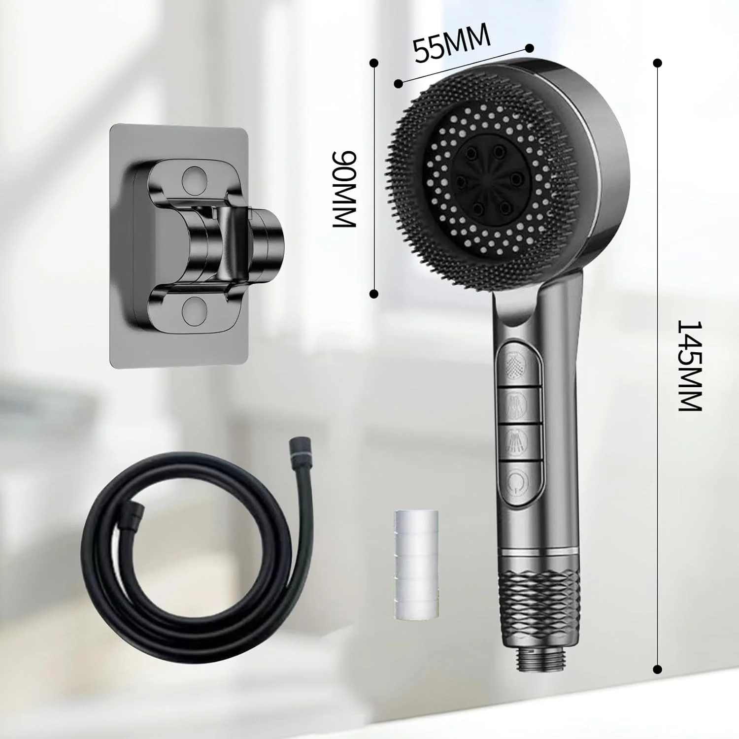 سردوش حمام QIXUZENI با 4 حالت، فشار قوی، سردوش دستی با قابلیت صرفه جویی در آب، دارای فیلتر و لوله 1.5 متری PVC + پایه، نصب آسان