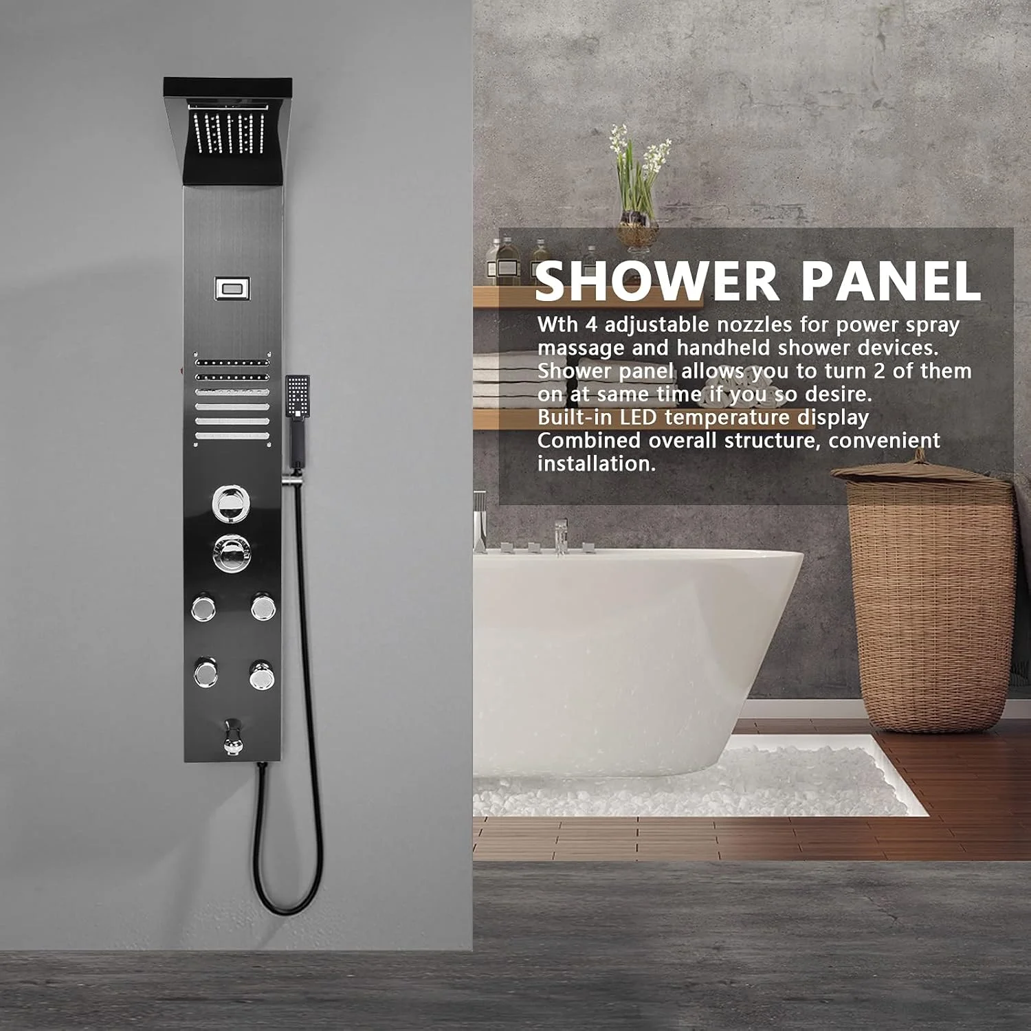 مجموعه سردوش حمام LED طرح باران، سیستم پنل دوش استیل ضد زنگ G1/2 با سردوش دستی، سردوش سقفی، پایه دوش و شلنگ دوش برای حمام، هتل