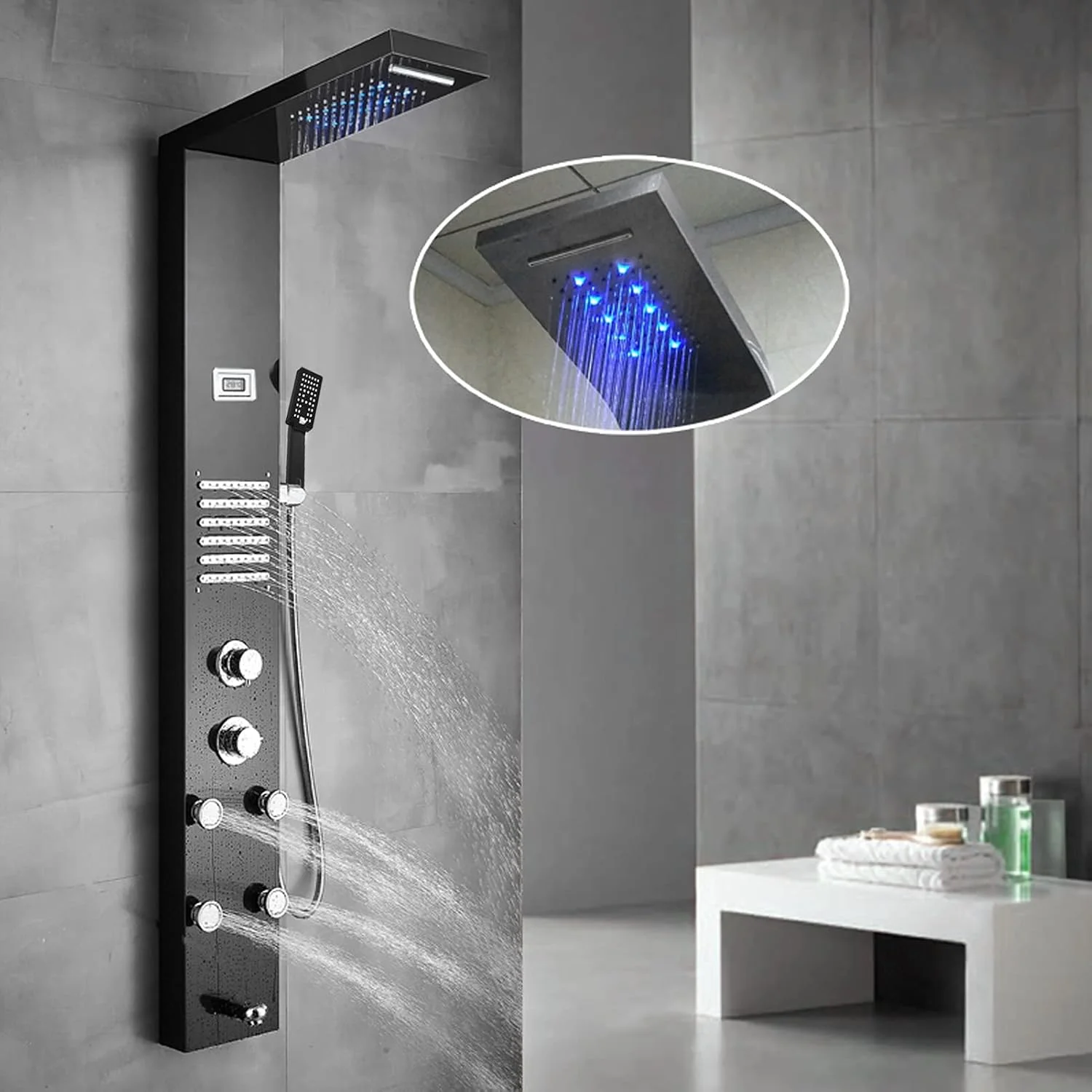 مجموعه سردوش حمام LED طرح باران، سیستم پنل دوش استیل ضد زنگ G1/2 با سردوش دستی، سردوش سقفی، پایه دوش و شلنگ دوش برای حمام، هتل