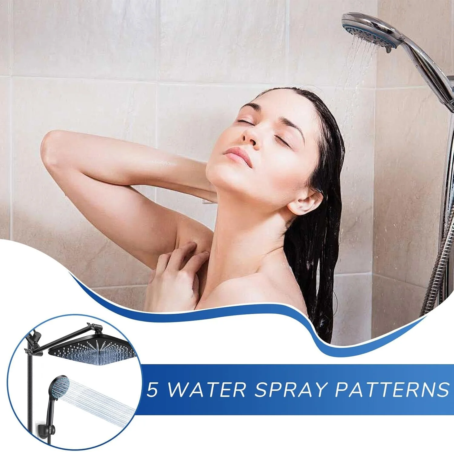 سردوش بارانی، سردوش دستی حمام قابل تنظیم - نازل های ضد گرفتگی، میله تنظیم هوشمند، فیلتر 5 حالته سردوش برای هتل، آپارتمان