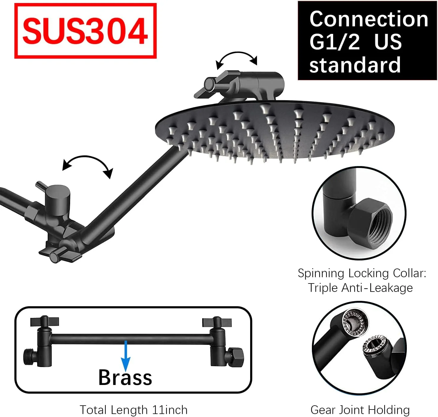 ست دوش بارانی دوگانه با سر دوشی دستی فشار قوی 10 اینچی شامل بازوی افزایش دهنده، شلنگ دوش، تقسیم کننده آب 3 طرفه، نگهدارنده چسبی قوی، استیل ضد زنگ SUS304 مشکی مات (شکل گرد)