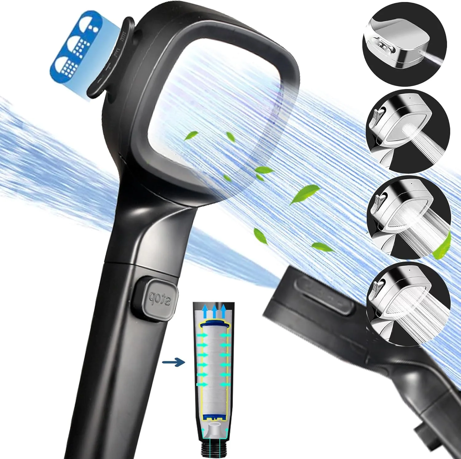 دوش دستی پرفشار ریجی با ۴ حالت - دوش فیلتردار با دکمه توقف، دارای جت‌های قدرتمند داخلی، اسپری دوش قدرتمند حتی با فشار آب کم