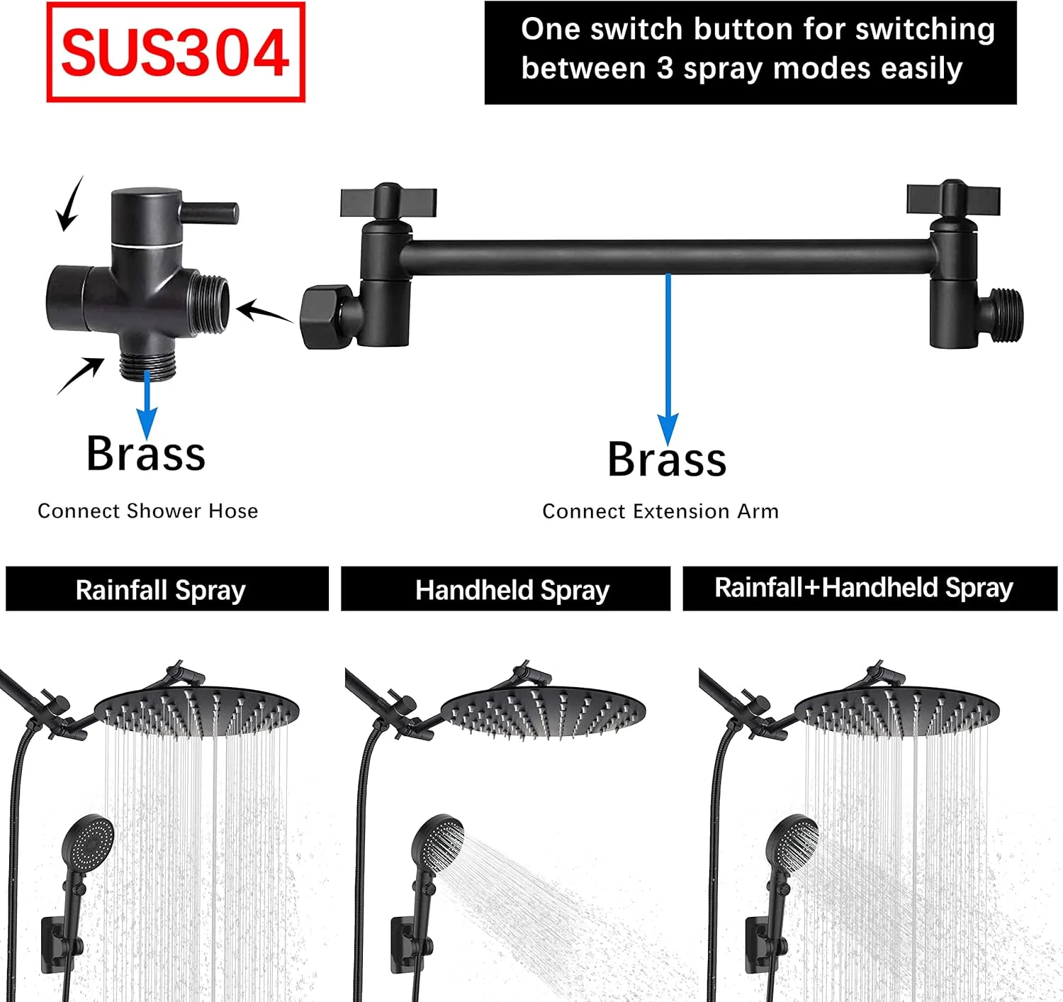 ست دوش بارانی دوگانه با سر دوشی دستی فشار قوی 10 اینچی شامل بازوی افزایش دهنده، شلنگ دوش، تقسیم کننده آب 3 طرفه، نگهدارنده چسبی قوی، استیل ضد زنگ SUS304 مشکی مات (شکل گرد)