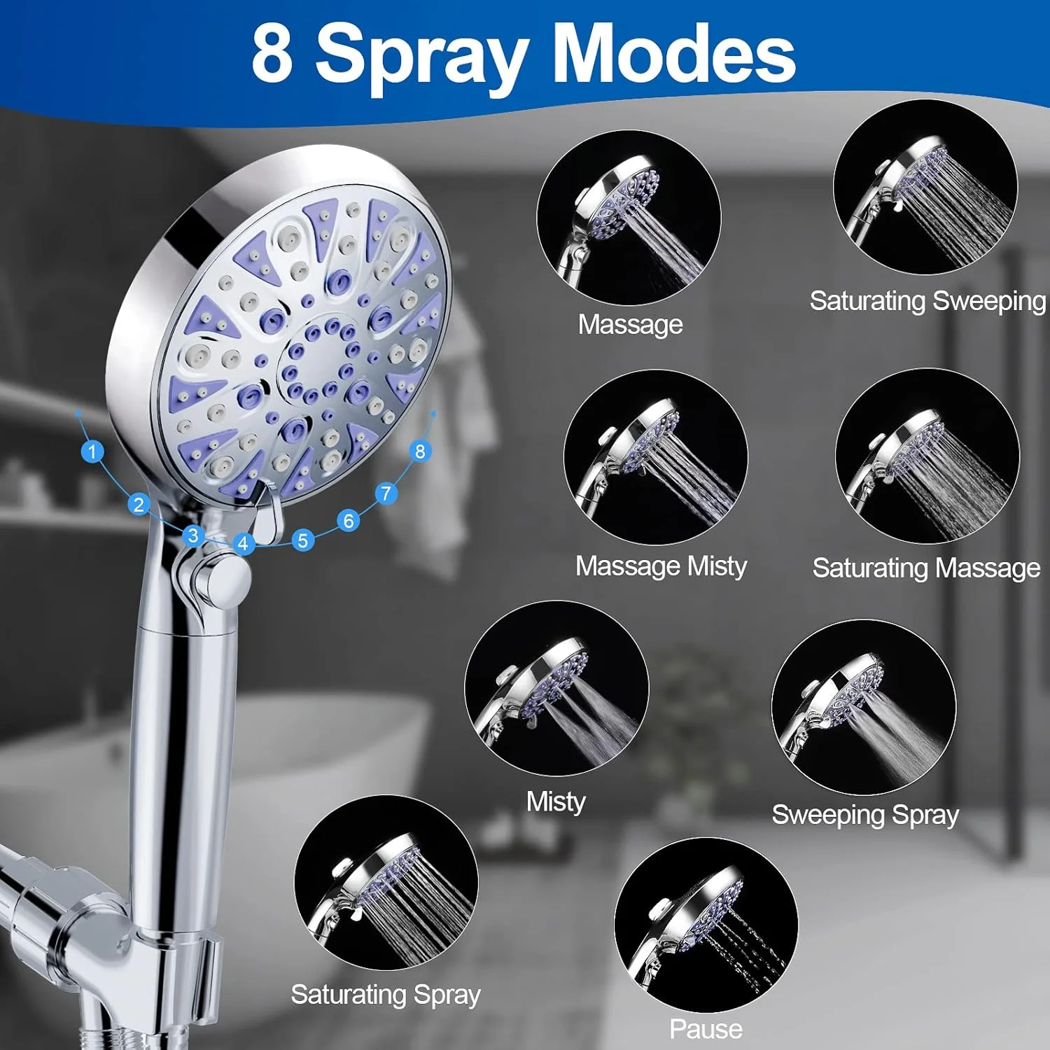 سردوش دستی جداشدنی با فشار قوی و 10 حالت مختلف، دارای دکمه توقف روشن/خاموش، فیلتر 15 مرحله ای نرم کننده آب برای حذف کلر و سختی آب، دارای گواهینامه های cUPC و CEC