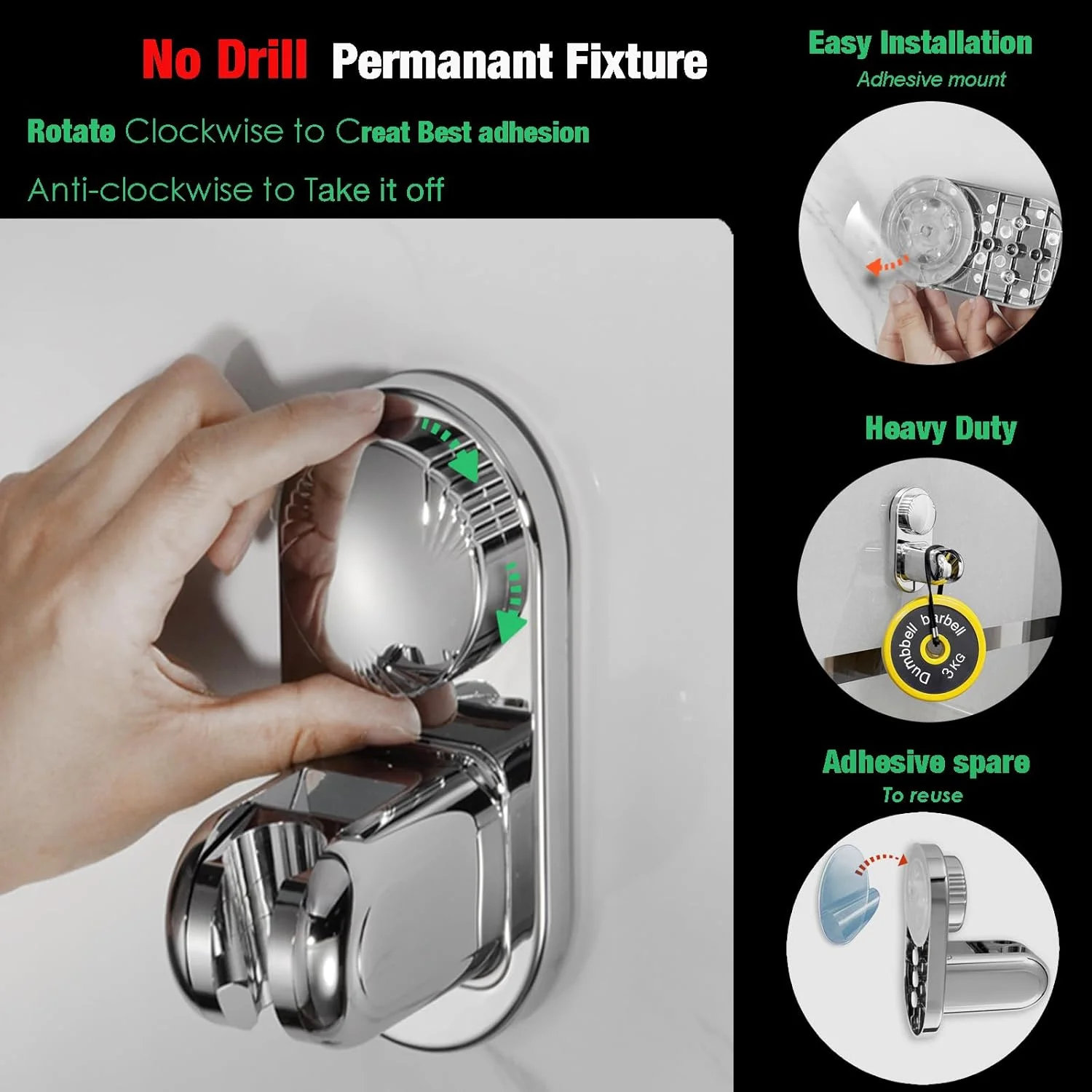 نگهدارنده سردوشی دستی با پد چسبی، براکت دیواری حمام با مکش قوی و زاویه قابل تنظیم 45 درجه