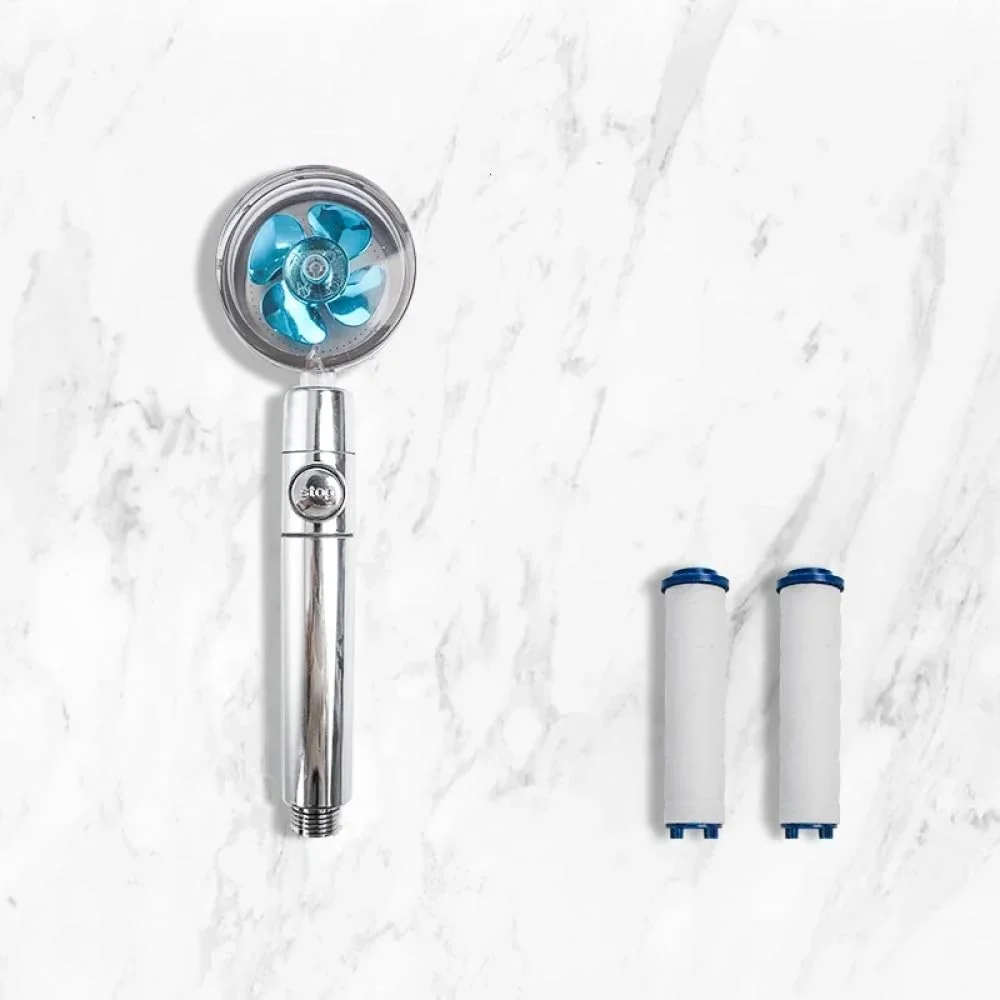 سری دوش چرخشی 360 درجه توربو با فشار آب بالا، اسپری صرفه جویی در آب، سری دوش قابل تنظیم، لوازم جانبی حمام، آبی با 2 فیلتر، 1 عدد