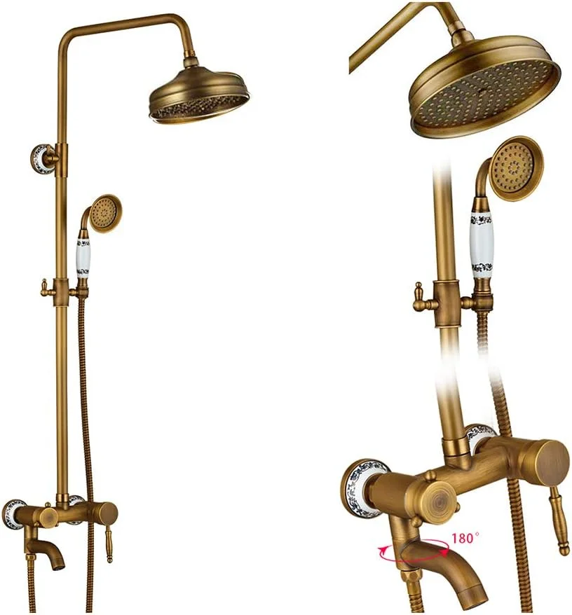 ست شیرآلات دوش حمام برنزی طرح قدیمی 8 اینچی، سیستم دوش دیواری شامل سردوش بارانی، دوش دستی و شیر حمام، F