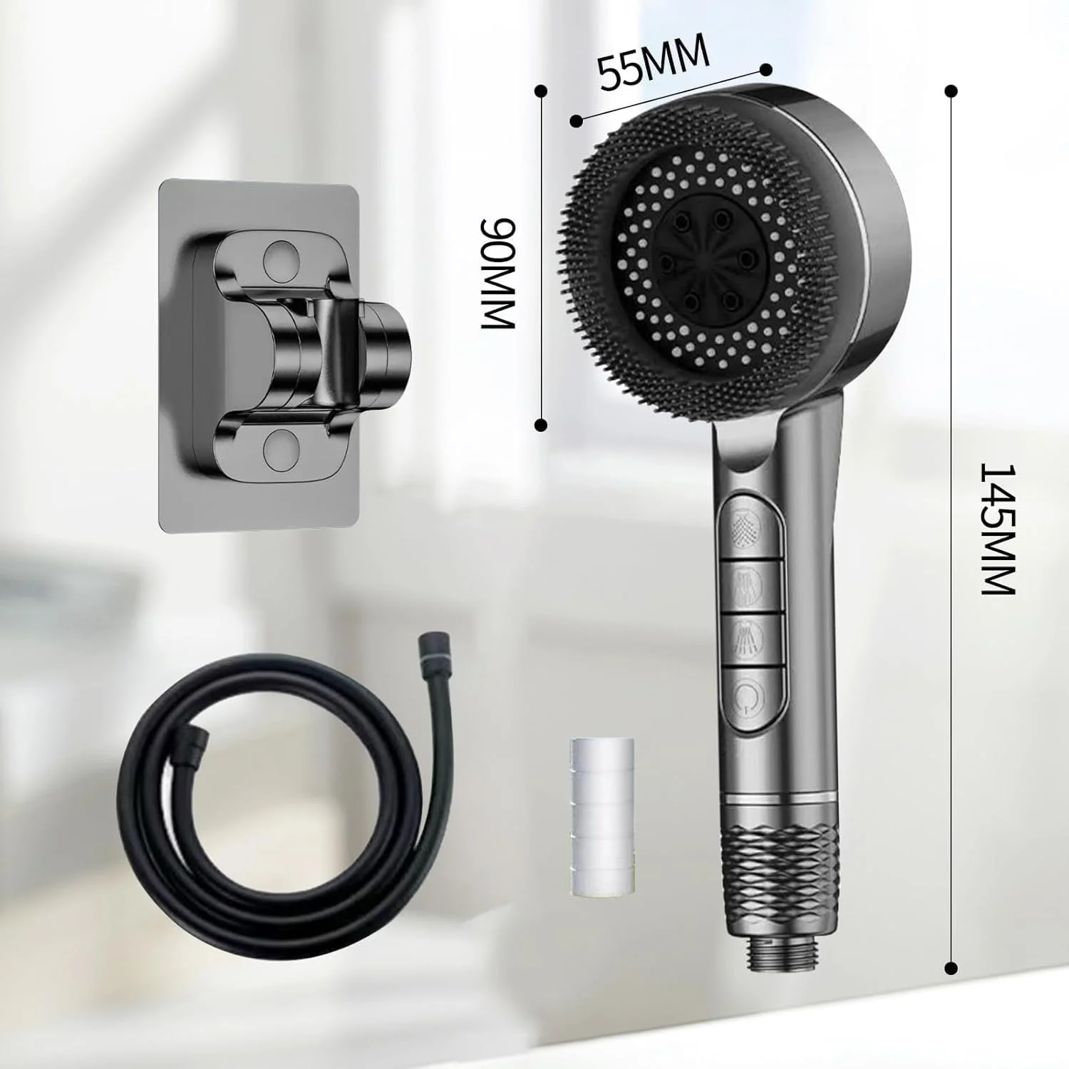 سردوش دستی با فشار قوی، ۴ حالت صرفه جویی در آب، فیلتردار به همراه لوله PVC 1.5 متری + پایه، نصب آسان