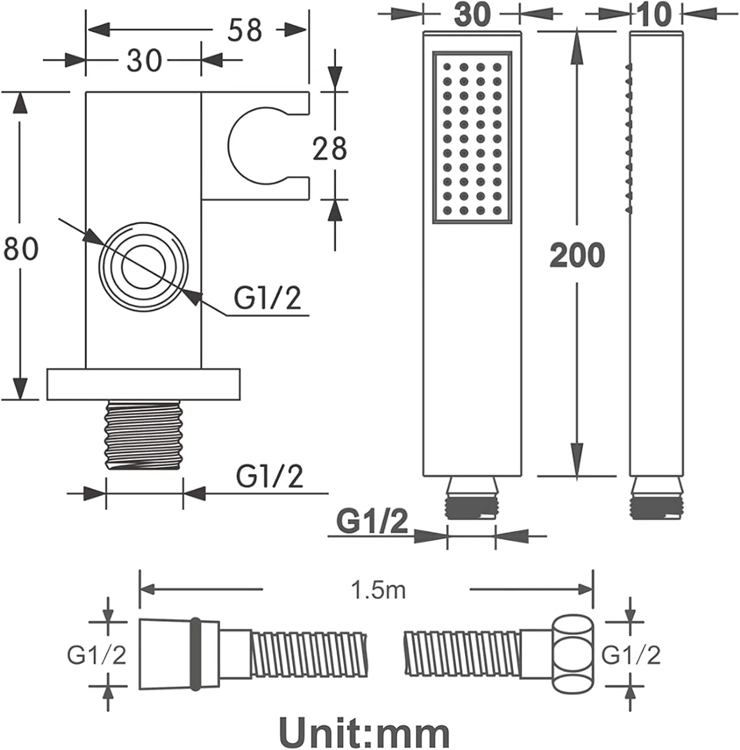 ست دوش دستی سر دوش برنجی، سر دوش بارانی، سر دوش اسپا، سر دوش دستی مربعی طلایی برس خورده با شلنگ دوش