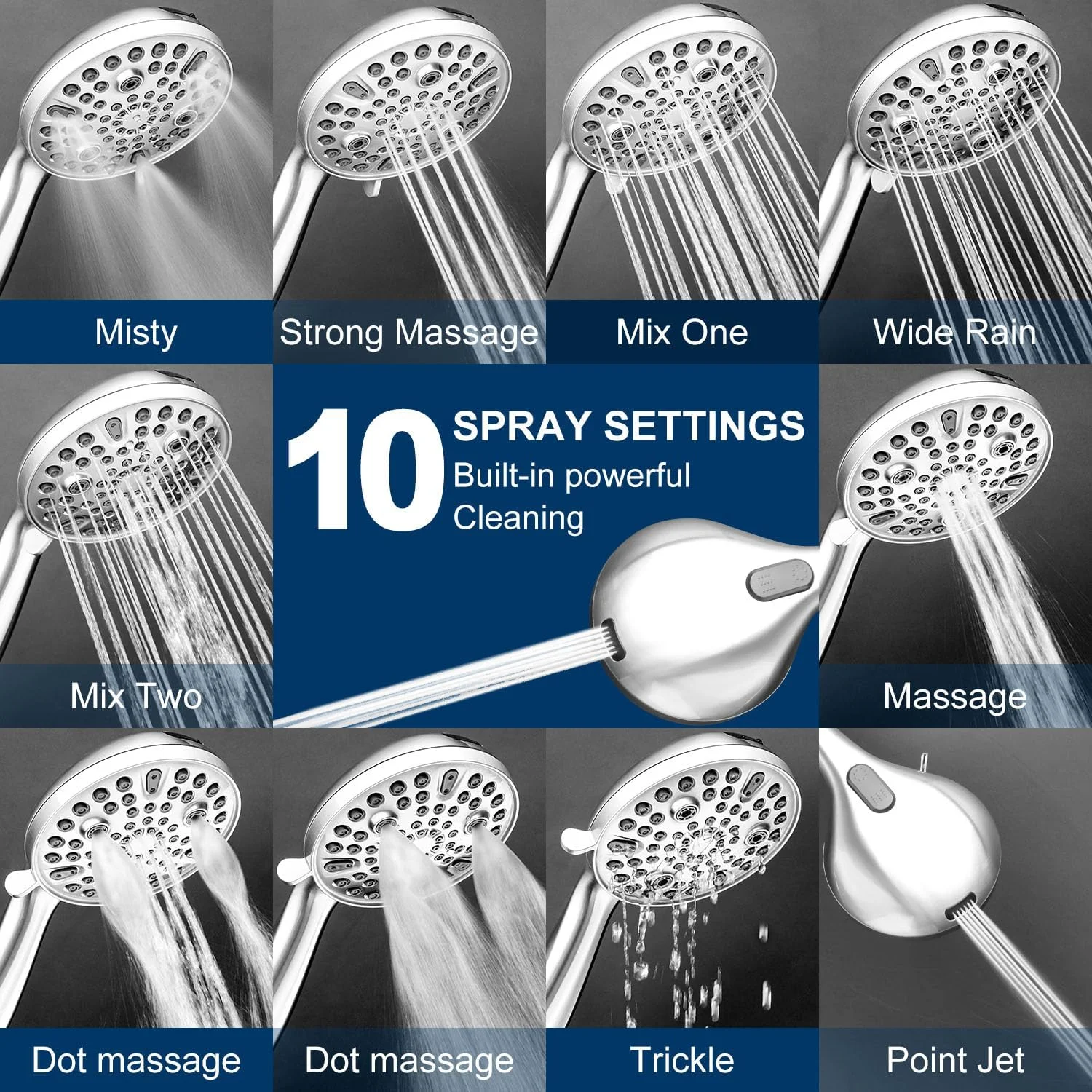 سری دوش دستی با نگهدارنده تمام فلزی و شلنگ فوق العاده بلند 1.8 متری با 10 حالت اسپری فشار قوی، سری دوش دستی با قابلیت شستشوی قدرتمند داخلی، آبپاش دوش دستی کروم ممتاز 9.5 لیتر در دقیقه