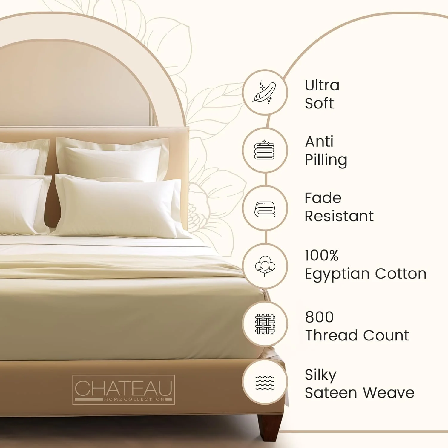 ست ملحفه دونفره - ملحفه و روبالشتی پنبه مصری 800TC برای تجربه خواب راحت - نرم، بادوام و لوکس 4 تکه با بافت ساتن، رنگ عاجی، مناسب تخت دونفره