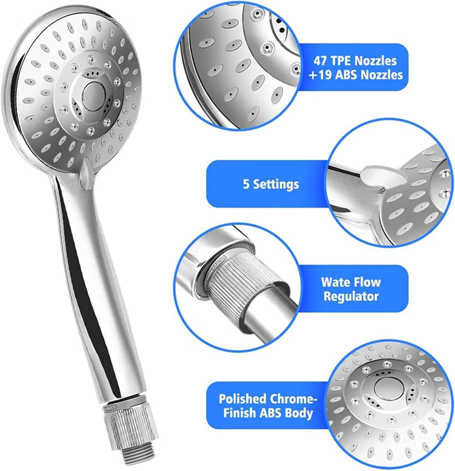سردوش حمام فشار قوی ABS گرد با شلنگ 1.5 متری و 5 حالت پاشش آب با روکش کروم