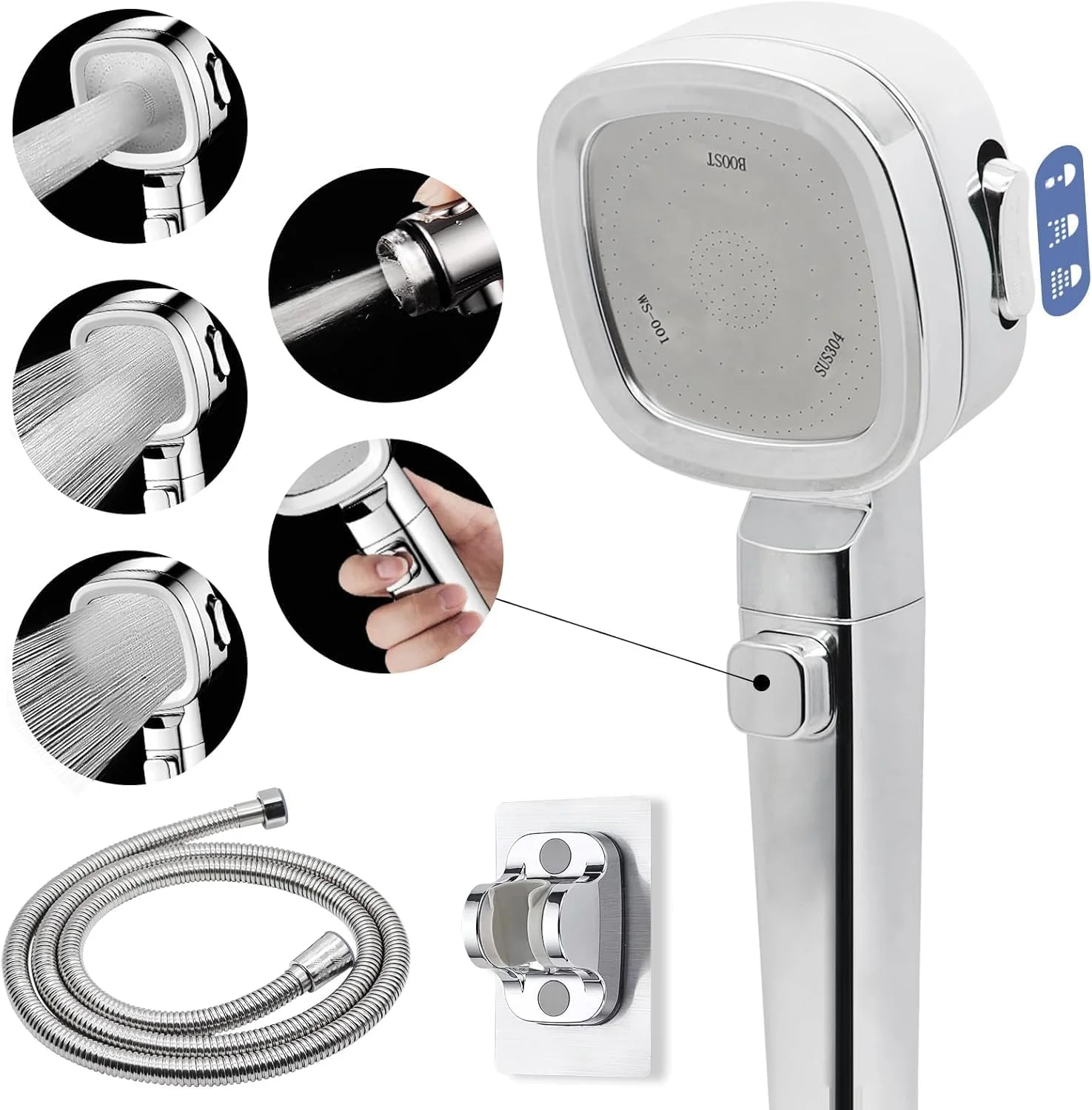 سردوش حمام RV با شلنگ 60 اینچی و کلید روشن/خاموش، سردوش با فشار بالا و 3 حالت صرفه جویی در آب با نگهدارنده چسبی - نازل های ضد گرفتگی، شستشوی داخلی قدرتمند برای RV، کمپر و موتور هوم (کروم)