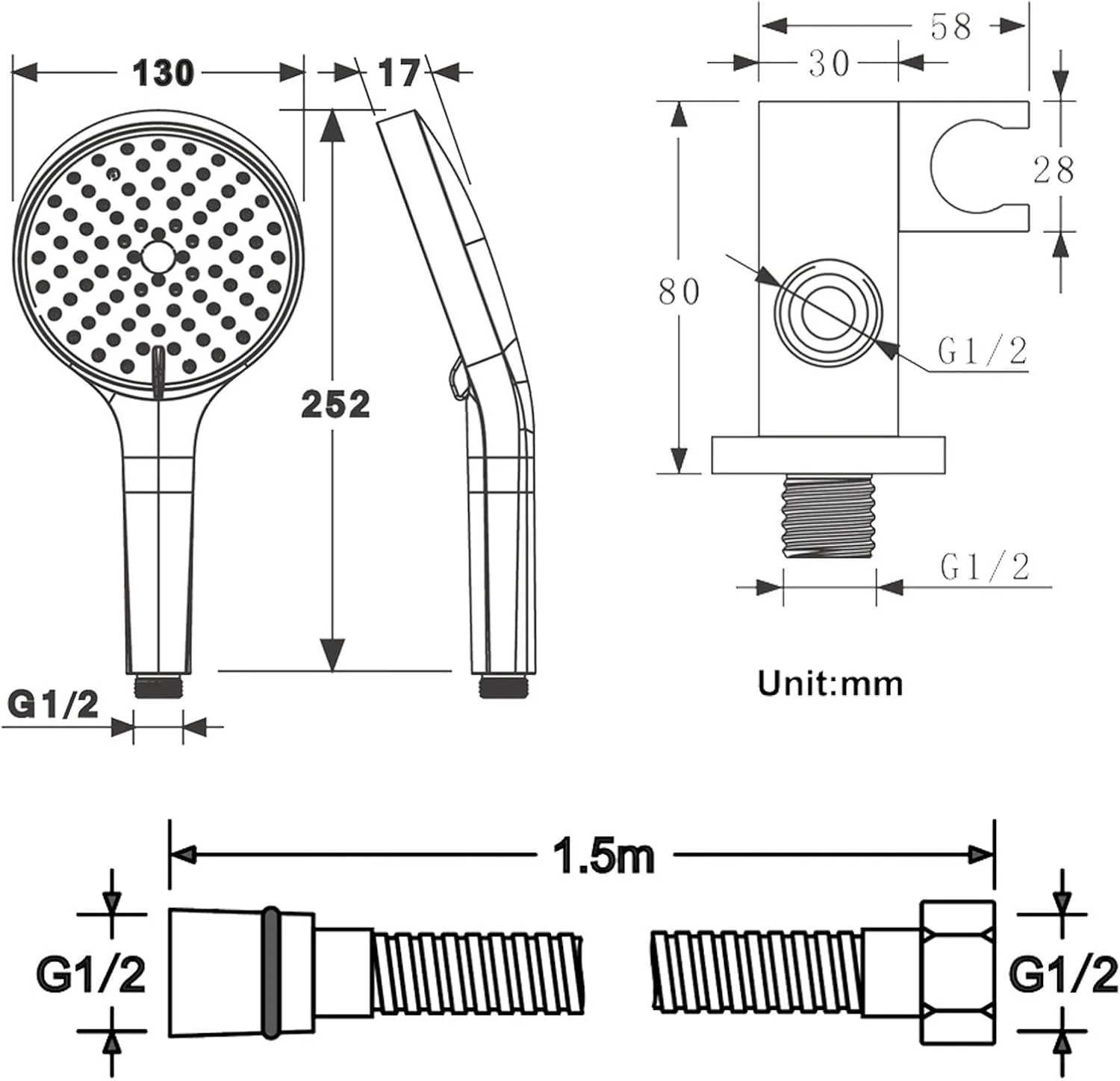 دوش دستی، سردوش دستی با فشار آب بالا و صرفه جویی در مصرف آب، دارای 3 حالت پاشش، سردوش بارانی گرد به همراه نگهدارنده و شلنگ دوش، خاکستری