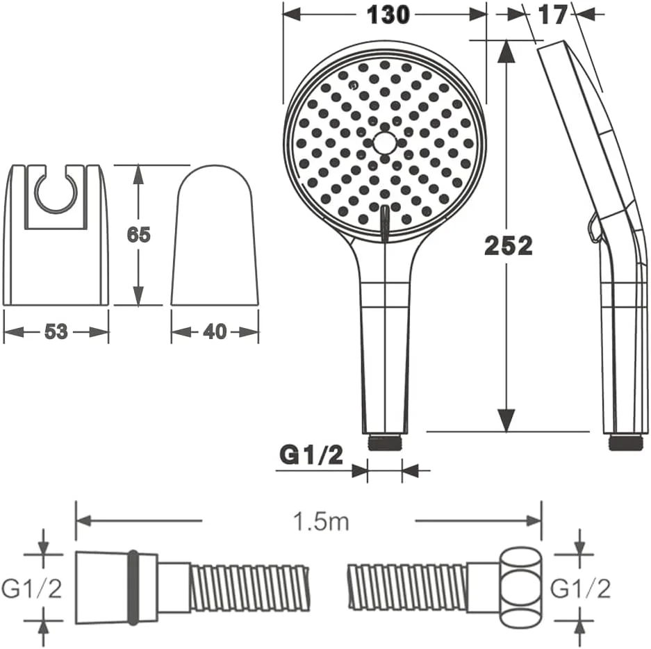 سردوش دستی ABS با نگهدارنده سردوش ABS و شلنگ استیل ضد زنگ، ست سردوش دستی فشار قوی، سردوش دستی گرد