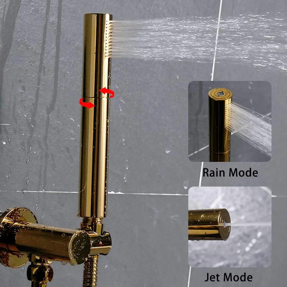 دوش دستی جداشدنی با فشار بالا و 2 حالت تنظیم، به همراه شلنگ فلزی انعطاف پذیر فوق العاده بلند و نگهدارنده برنجی قابل تنظیم، روکش طلایی براق