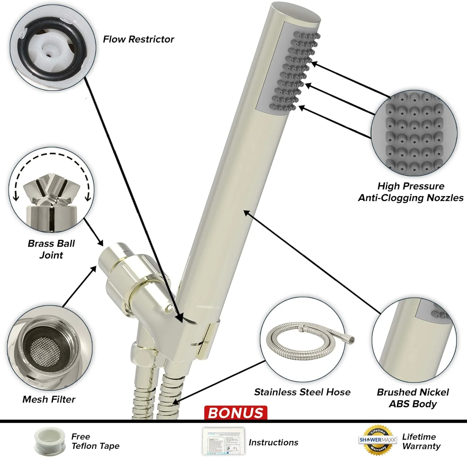 سردوش دستی فوق العاده فشار قوی ShowerMaxx سری Luxury Spa با شلنگ استیل فوق العاده بلند، دوش خود را با سردوش با روکش نیکل برس خورده MAXX-imize کنید