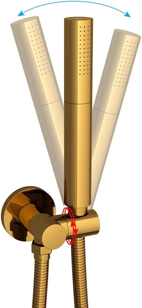 دوش دستی جداشدنی با فشار بالا و 2 حالت تنظیم، به همراه شلنگ فلزی انعطاف پذیر فوق العاده بلند و نگهدارنده برنجی قابل تنظیم، روکش طلایی براق