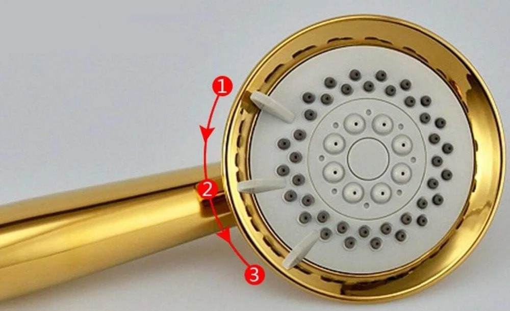 دوش دستی مسی با روکش طلای جامد، سه حالته، لوکس، مناسب حمام، به همراه نگهدارنده طلایی و شلنگ دوش