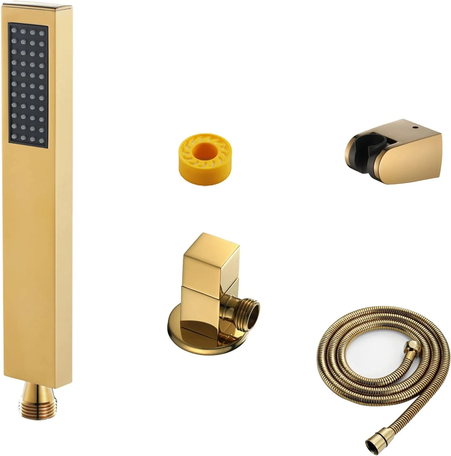 ست دوش دستی مربعی شامل سر دوش دستی، شلنگ و نگهدارنده با شیر کنترل جریان آب - طلایی تیتانیومی