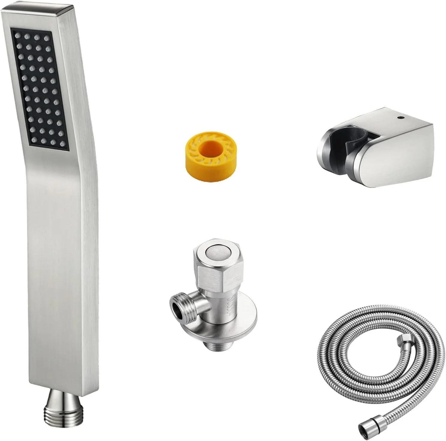 مجموعه دوش دستی مربعی شامل سر دوش دستی، شلنگ و نگهدارنده با شیر کنترل جریان آب - نیکل برس خورده