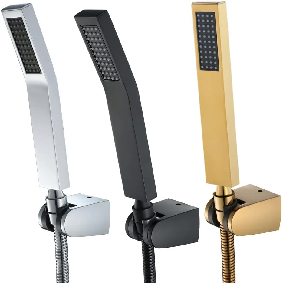 ست دوش دستی مربعی شامل سر دوش دستی، شلنگ و نگهدارنده با شیر کنترل جریان آب - طلایی تیتانیومی