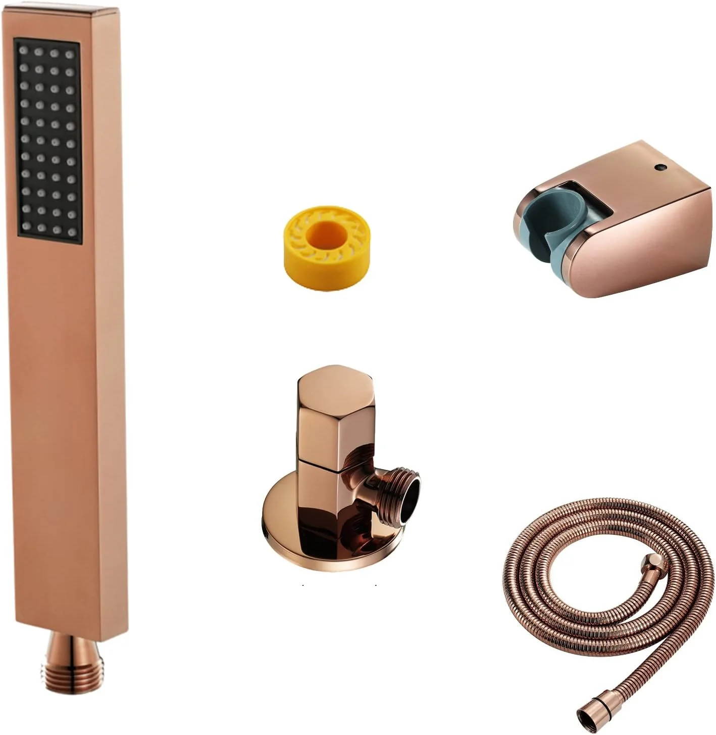 ست دوش دستی مربعی شامل سردوش دستی، شلنگ و نگهدارنده، کیت حمام با شیر قطع و وصل، رزگلد