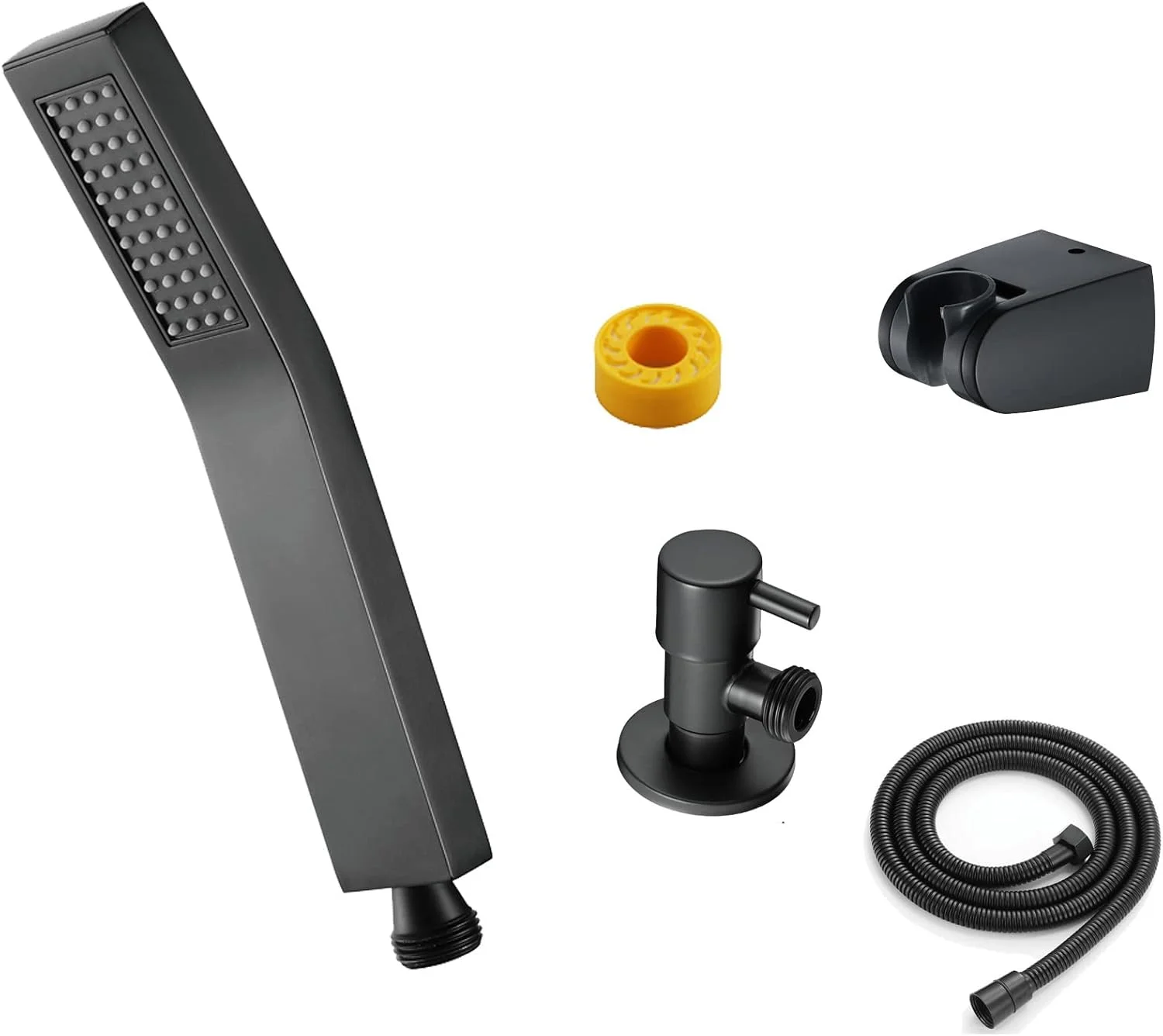 مجموعه دوش دستی مربعی شامل سر دوش دستی، شلنگ و نگهدارنده، شیر کنترل جریان آب، مشکی مات