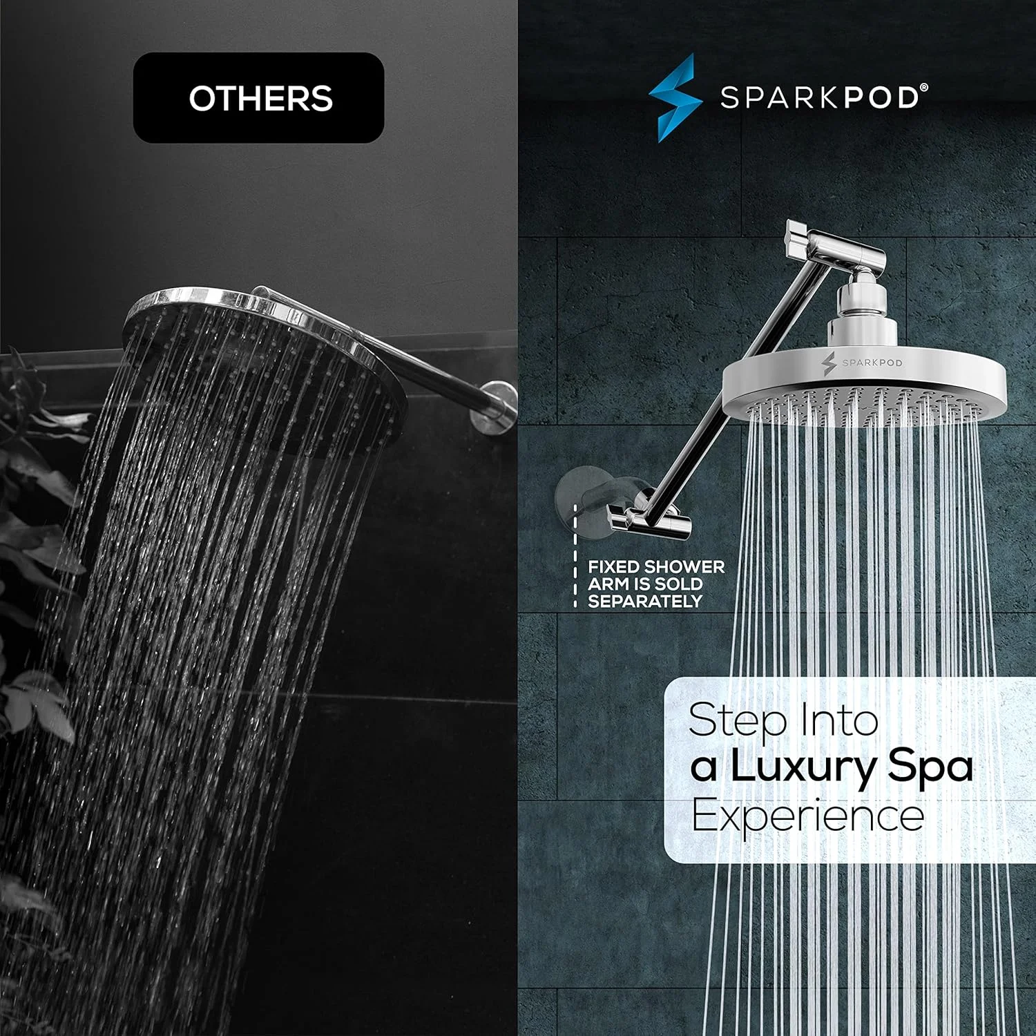 سردوش بارانی SparkPod به همراه بازوی افزایش دهنده طول - فشار قوی - ظاهر مدرن لوکس - نصب آسان و بدون نیاز به ابزار در 1 دقیقه (بازوی افزایش دهنده 11 اینچی، کروم (صیقلی لوکس))