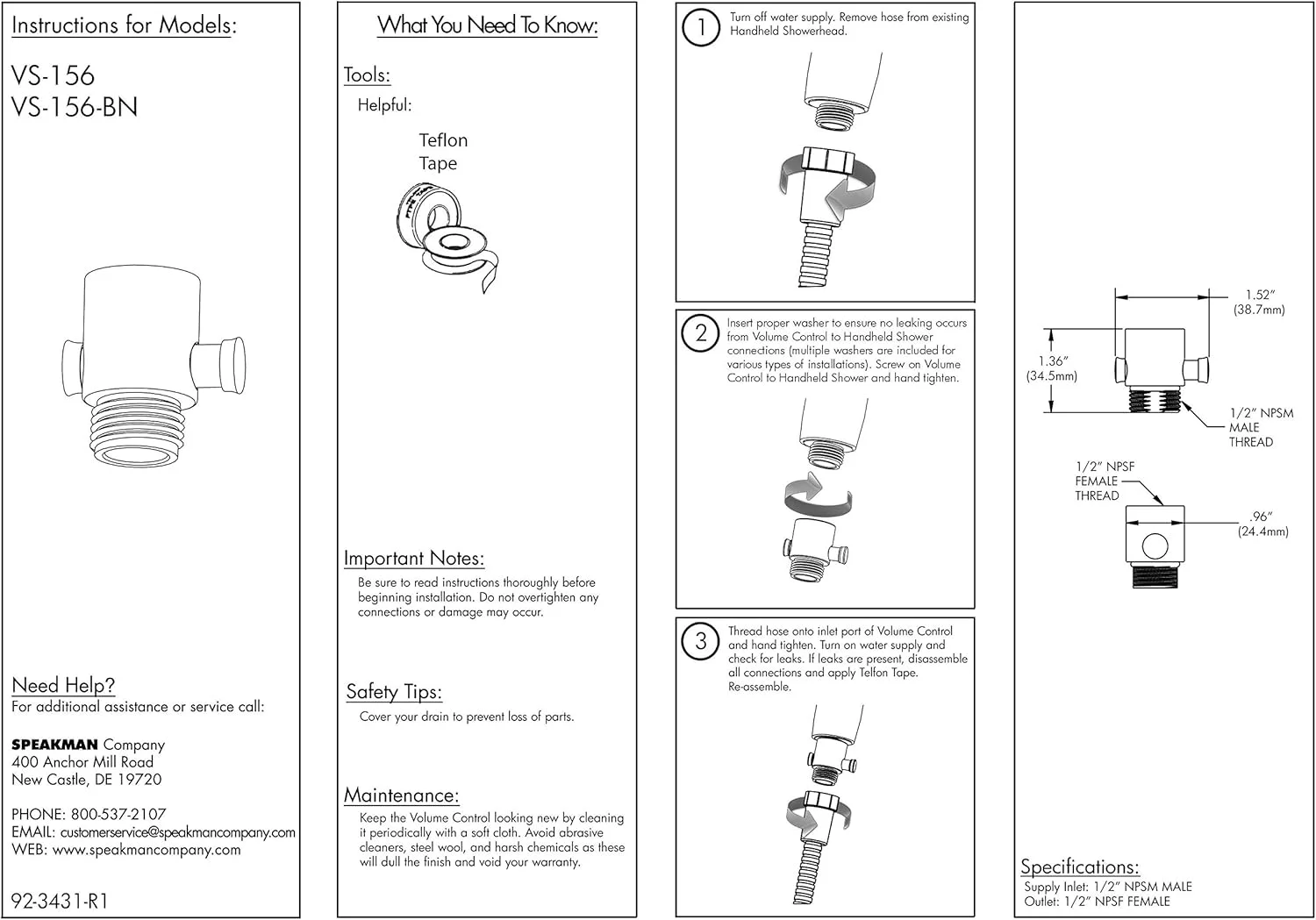 آداپتور توقف و قطره ای Speakman VS-156-BN برای سردوش دستی