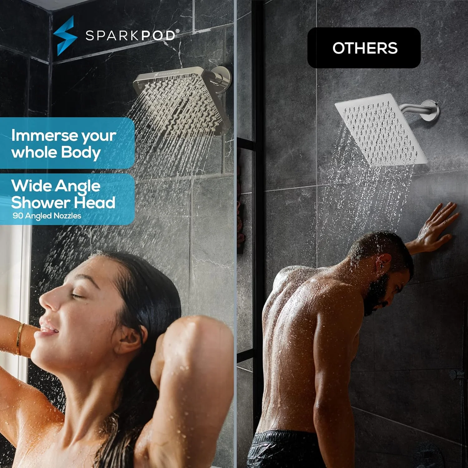 سردوش حمام SparkPod - بارانی پرفشار - ظاهر مدرن لوکس - نصب آسان 1 دقیقه‌ای - جایگزین قابل تنظیم عالی برای سردوش‌های حمام شما (مربع 6 اینچی، نیکل برس خورده)