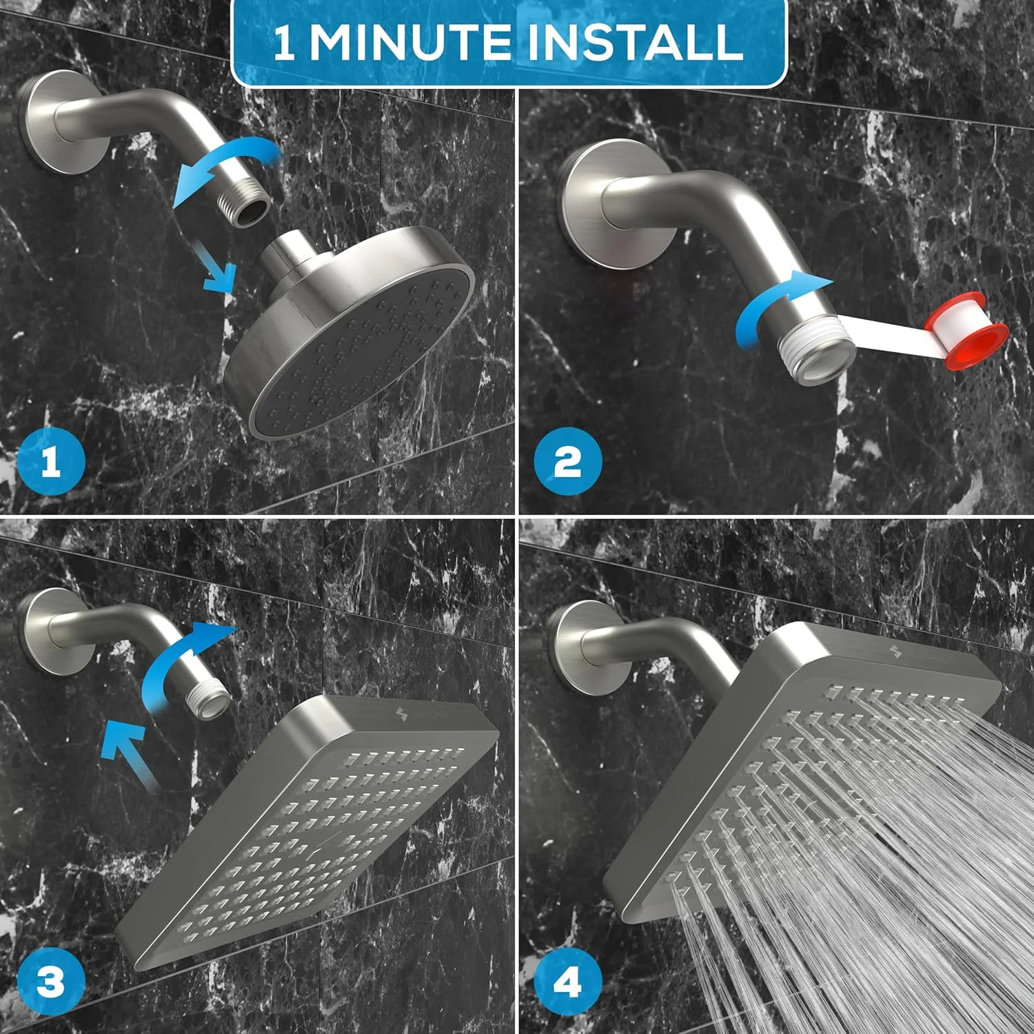 سردوش حمام SparkPod - بارانی پرفشار - ظاهر مدرن لوکس - نصب آسان 1 دقیقه‌ای - جایگزین قابل تنظیم عالی برای سردوش‌های حمام شما (مربع 6 اینچی، نیکل برس خورده)