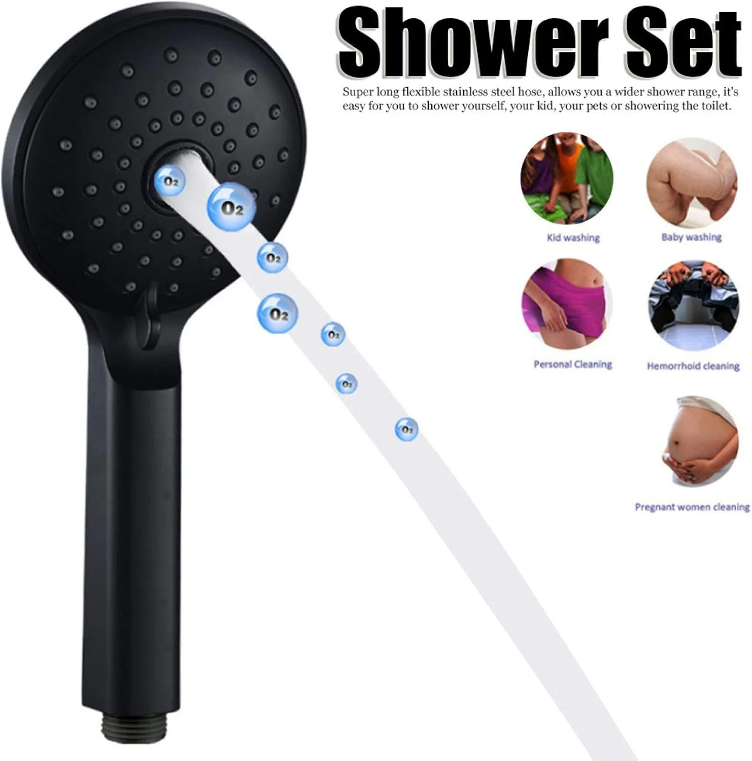 دوش دستی، دوش دستی G1/2 اینچی با 2 حالت پاشش پرفشار برای استفاده در حمام - مشکی مات