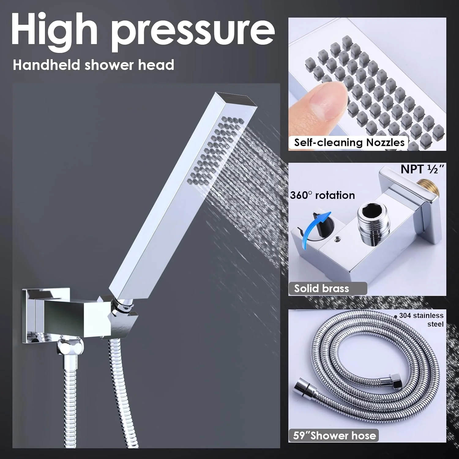 دوش دستی مربعی ENGA از جنس برنج جامد با اتصال دیواری و شلنگ استیل، کروم