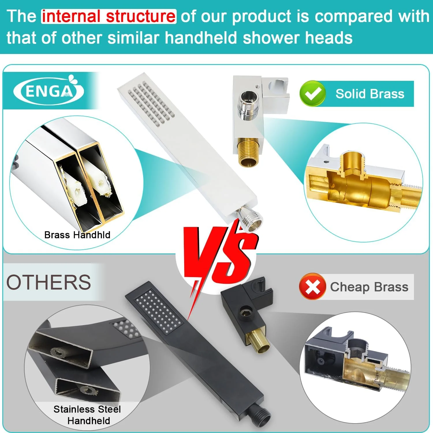 دوش دستی مربعی ENGA از جنس برنج جامد با اتصال دیواری و شلنگ استیل، کروم