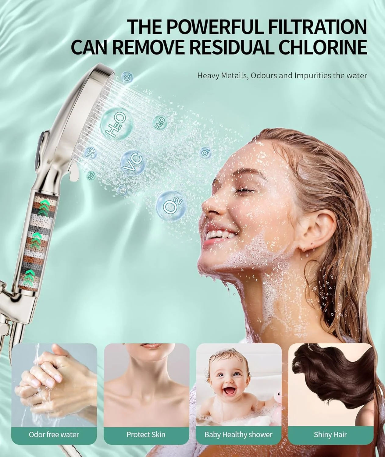 سردوش فیلتردار SR SUN RISE به همراه گوشی دستی، سردوش نیکل برس خورده با فشار بالا و 9 حالت اسپری به همراه فیلتر، سردوش جداشدنی، مهره های فیلتر نرم کننده آب برای آب سخت - حذف کلر