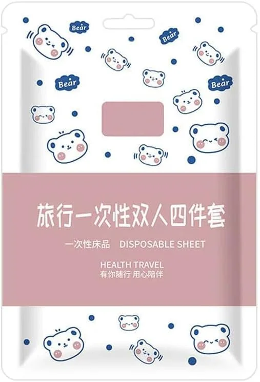 ست ملحفه یکبار مصرف قابل حمل، ست روتختی 4 تکه نبافته برای تخت دونفره (240x220 سانتی متر)، شامل روکش لحاف و روبالشی، مناسب مسافرت و هتل، طرح خرس آبی