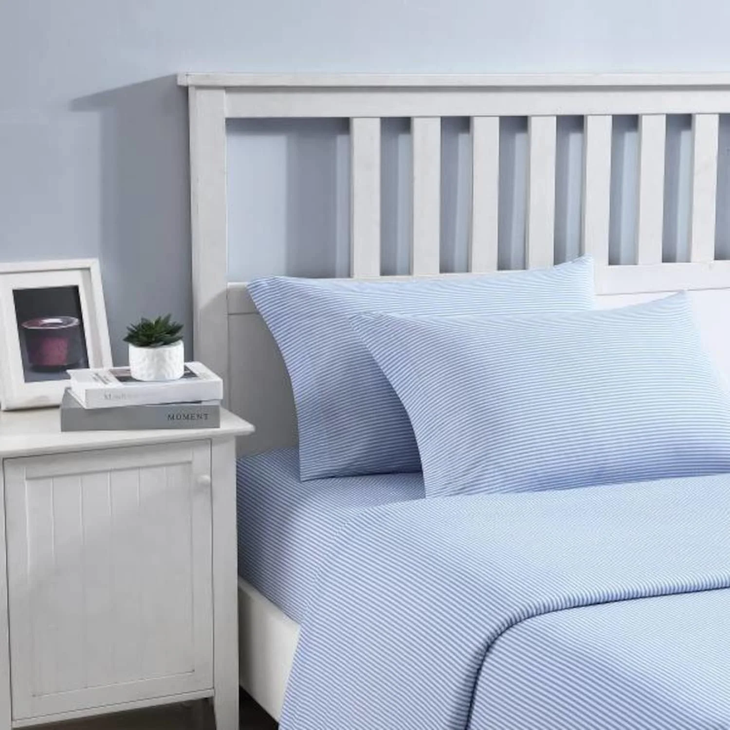 Poppy & Fritz - ست ملحفه یک نفره بزرگ، ست روتختی پنبه‌ای پرکال، خنک و لطیف، دکور شیک منزل (راه راه آکسفورد آبی، یک نفره بزرگ)