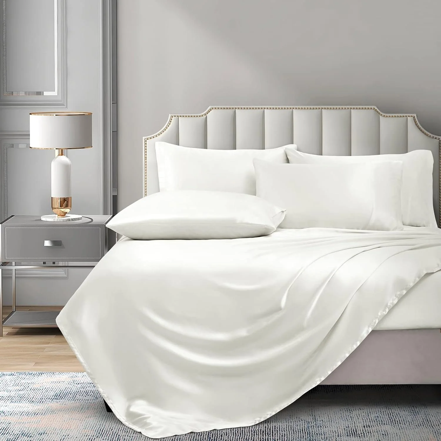 ست ملحفه ساتن 6 تکه P Pothuiny، ملافه های ابریشمی لوکس، رنگ سفید عاجی، 1 ملحفه کش دار با عمق زیاد + 1 ملحفه تخت + 4 روبالشی ست ملحفه ساتن 6 تکه P Pothuiny، ملافه های ابریشمی لوکس، رنگ سفید عاجی، 1 ملحفه کش دار با عمق زیاد + 1 ملحفه تخت + 4 روبالشی