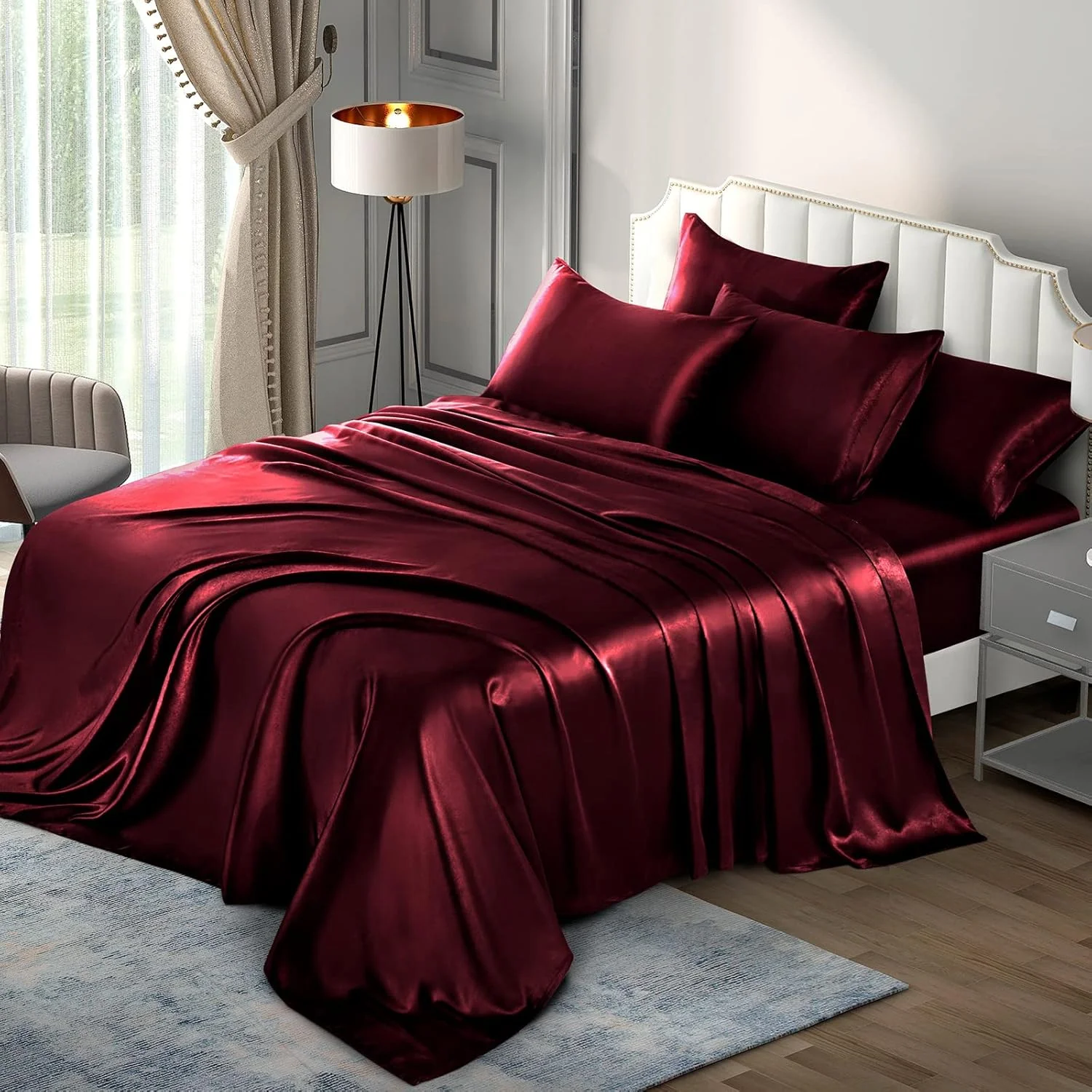 ست ملحفه ساتن 6 تکه P Pothuiny، ملافه های ابریشمی لوکس، شامل 1 ملحفه کش دار با جیب عمیق + 1 ملحفه تخت + 4 روبالشتی