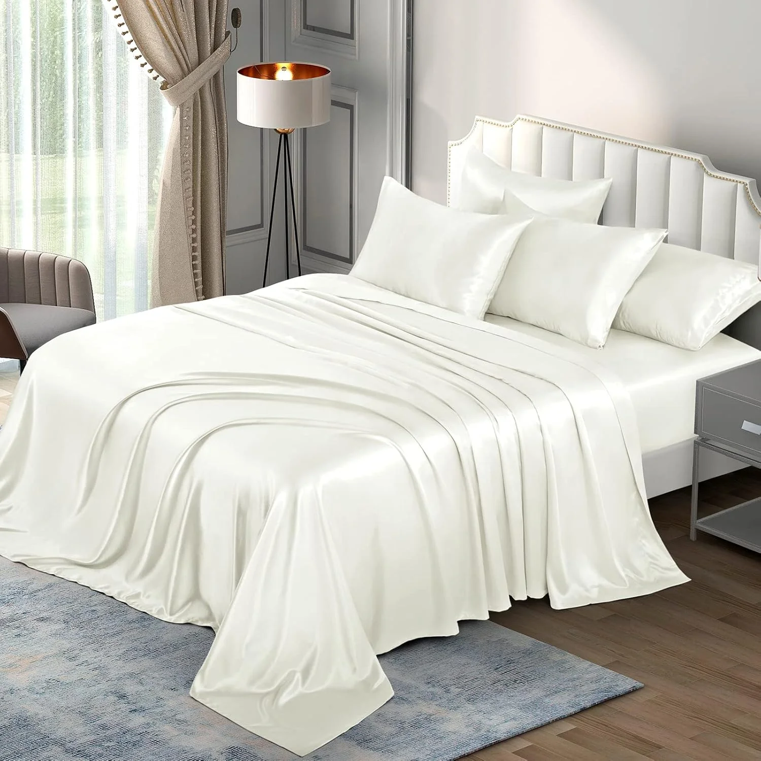 ست ملحفه ساتن 6 تکه P Pothuiny، ملافه های ابریشمی لوکس، رنگ سفید عاجی، 1 ملحفه کش دار با عمق زیاد + 1 ملحفه تخت + 4 روبالشی ست ملحفه ساتن 6 تکه P Pothuiny، ملافه های ابریشمی لوکس، رنگ سفید عاجی، 1 ملحفه کش دار با عمق زیاد + 1 ملحفه تخت + 4 روبالشی