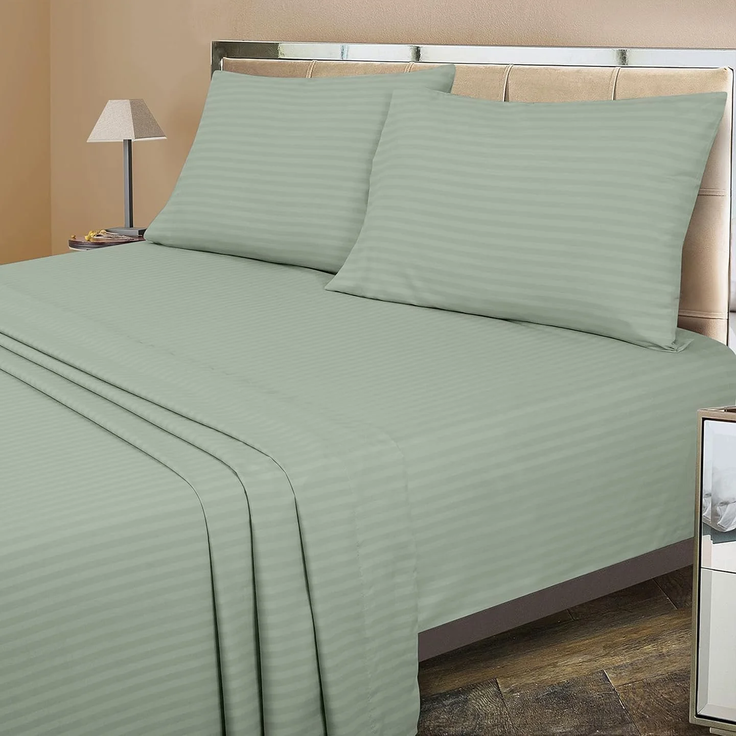 ست ملحفه کینگ پنبه خالص ممتاز – سبز مریم گلی 4 تکه، جیب خیلی عمیق (25 سانتی متر)، خنک کننده و تنفسی، بدون چروک