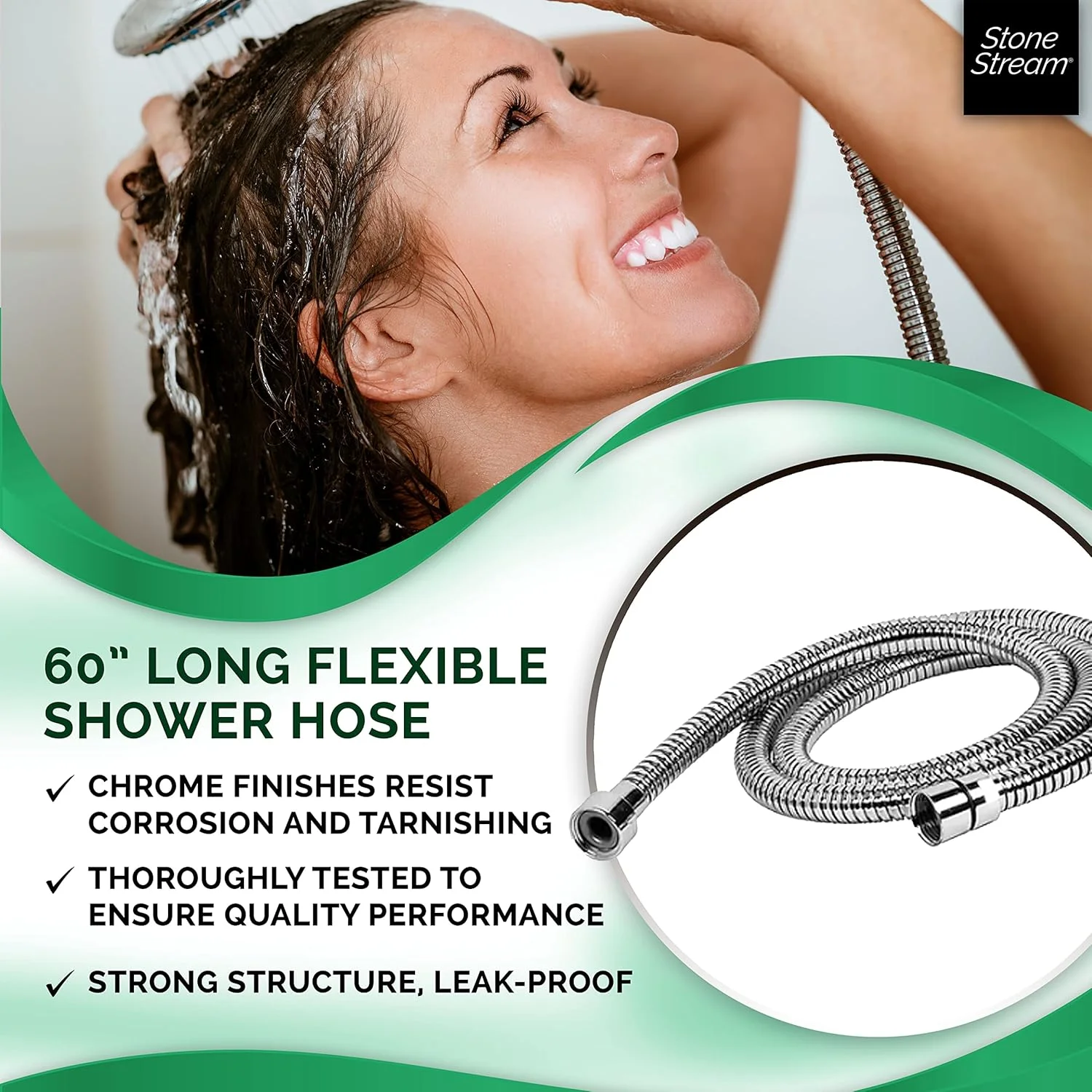 شلنگ دوش انعطاف پذیر 152 سانتی متری استون استریم اورجینال - کروم