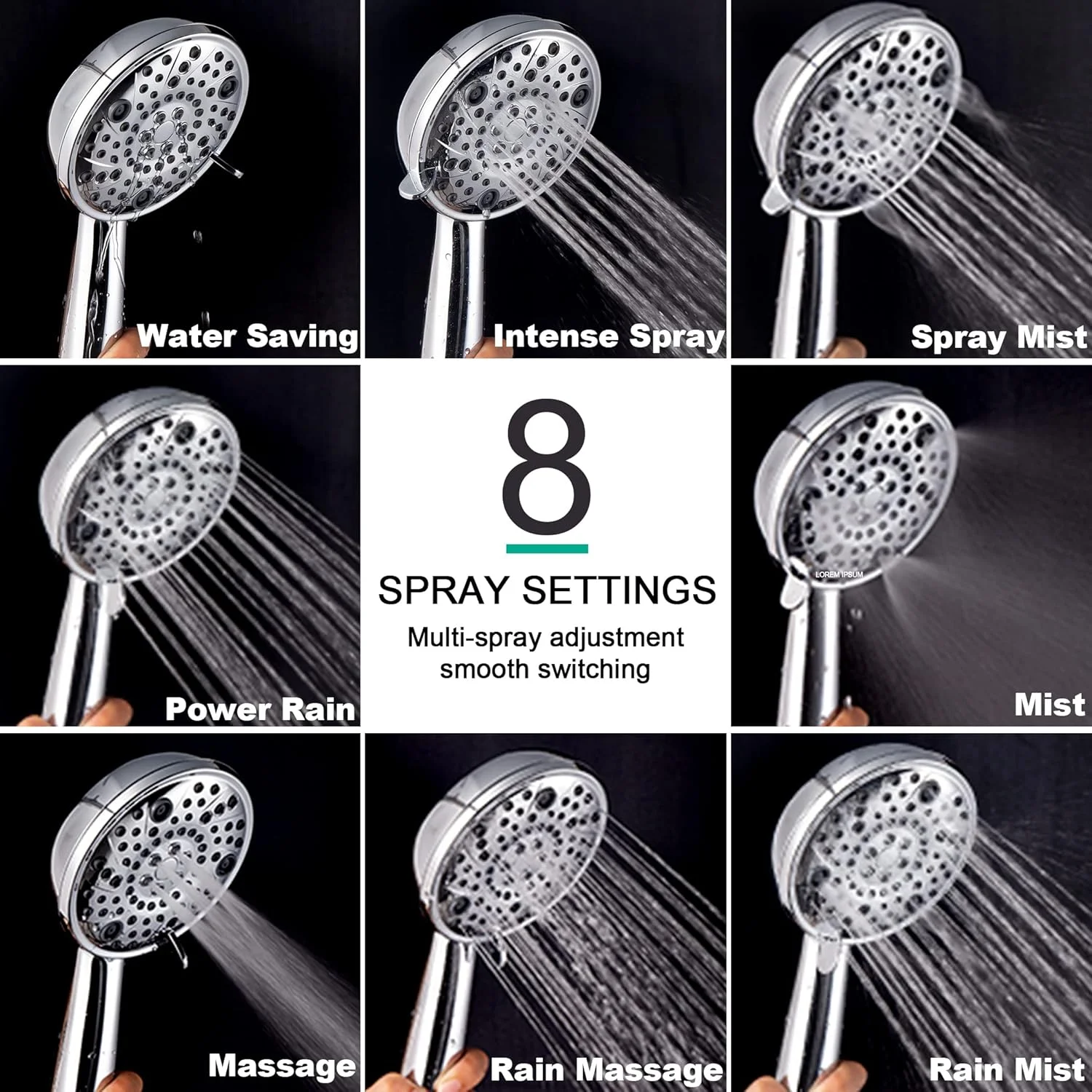 سردوش حمام SunCleanse به همراه سردوشی دستی، دارای 8 حالت پاشش، فشار قوی، سردوشی دستی با شلنگ و نگهدارنده استیل 71 اینچی، کروم براق