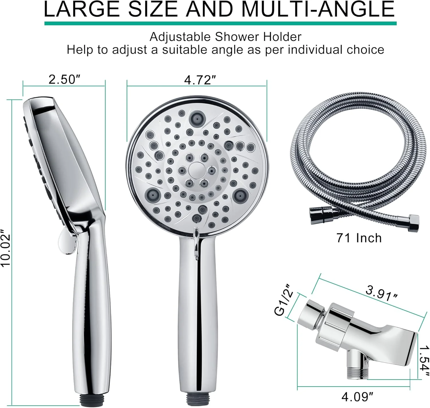 سردوش حمام SunCleanse به همراه سردوشی دستی، دارای 8 حالت پاشش، فشار قوی، سردوشی دستی با شلنگ و نگهدارنده استیل 71 اینچی، کروم براق