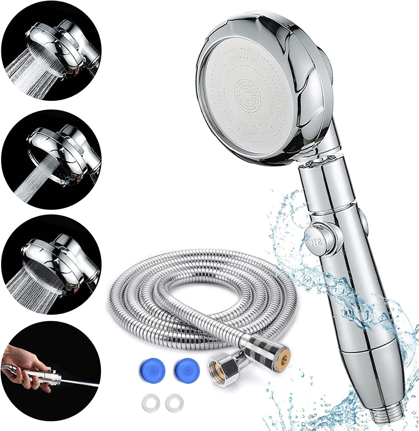 سری دوش دستی فشار قوی SYOSI، چرخش 360 درجه با شلنگ 2 متری صرفه جویی در آب، دکمه توقف، سردوش جهانی قابل تنظیم با 3 حالت