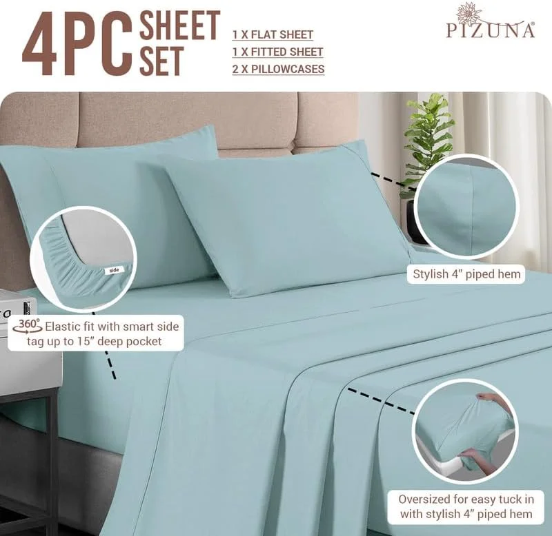 ست ملحفه تخت کالیفرنیا کینگ پیزونا، 100% پنبه خالص، آبی آسمانی، 400 نخ، بافت ساتن پنبه ای لطیف و لوکس (شامل 1 ملحفه رو، 1 ملحفه کش دار، 2 روبالشی) ست ملحفه تخت کالیفرنیا کینگ پیزونا، 100% پنبه خالص، آبی آسمانی، 400 نخ، بافت ساتن پنبه ای لطیف و لوکس (شامل 1 ملحفه رو، 1 ملحفه کش دار، 2 روبالشی)