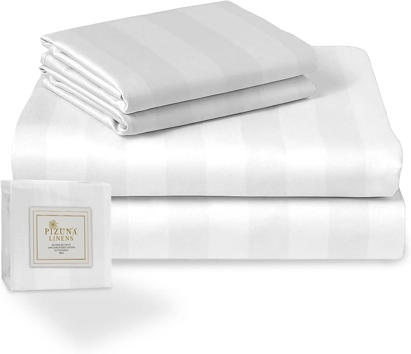 ست ملحفه راه راه کویین سایز Pizuna Cotton، سفید، 300 نخ، نرم، 100% پنبه الیاف بلند، بافت ساتن (1 ملحفه تخت، 1 ملحفه کش دار، 2 روبالشتی)