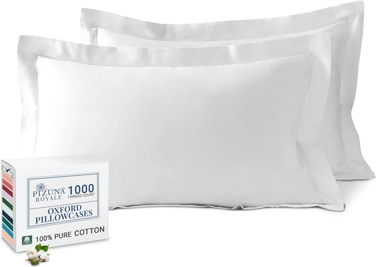 روبالشی کینگ سایز پیزونا رویال 100% پنبه، 50x90 سانتی متر، سفید، بافت ساتن پنبه ای با الیاف بلند و ضخیم 1000، دارای لبه 5 سانتی متری (روبالشی لوکس سفید - 2 عدد)