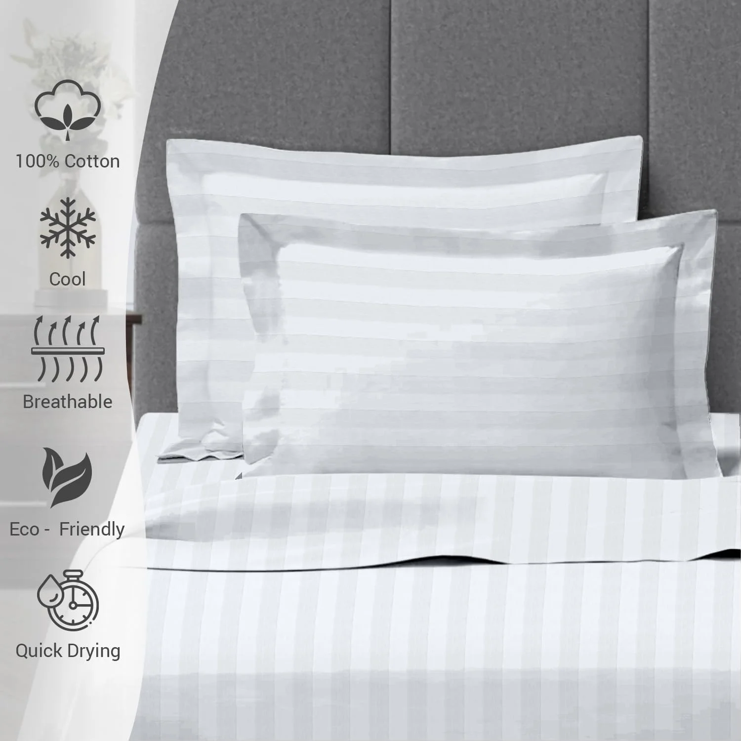 ست ملحفه راه راه کویین سایز Pizuna Cotton، سفید، 300 نخ، نرم، 100% پنبه الیاف بلند، بافت ساتن (1 ملحفه تخت، 1 ملحفه کش دار، 2 روبالشتی) ست ملحفه راه راه کویین سایز Pizuna Cotton، سفید، 300 نخ، نرم، 100% پنبه الیاف بلند، بافت ساتن (1 ملحفه تخت، 1 ملحفه کش دار، 2 روبالشتی)